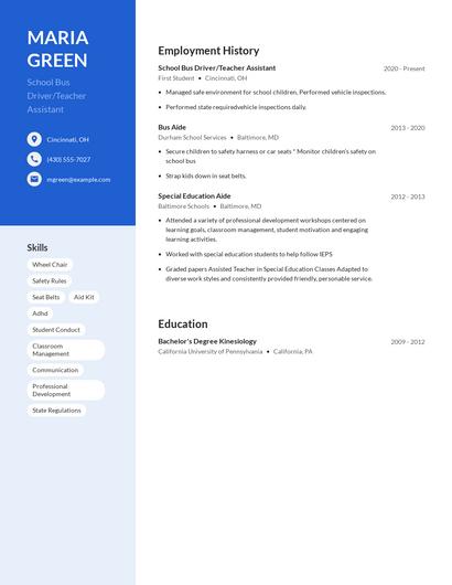 School Bus Driver/Teacher Assistant Resume