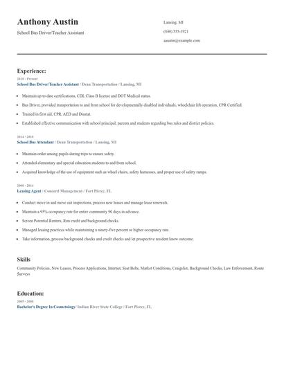 School Bus Driver/Teacher Assistant Resume