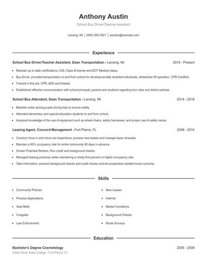 School Bus Driver/Teacher Assistant Resume