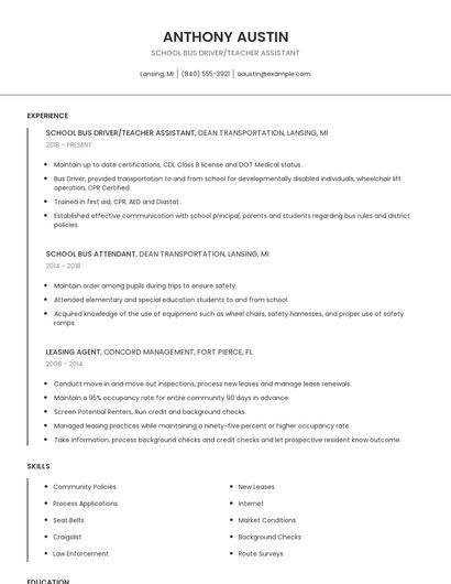 School Bus Driver/Teacher Assistant Resume