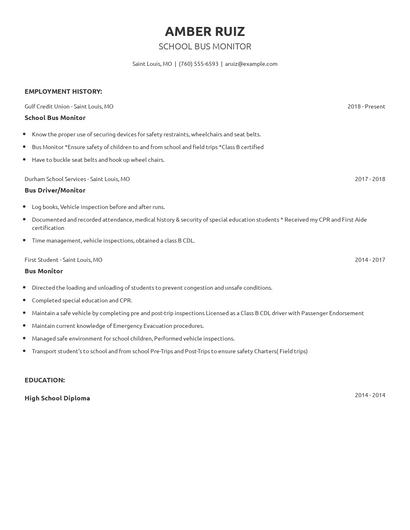School Bus Monitor Resume