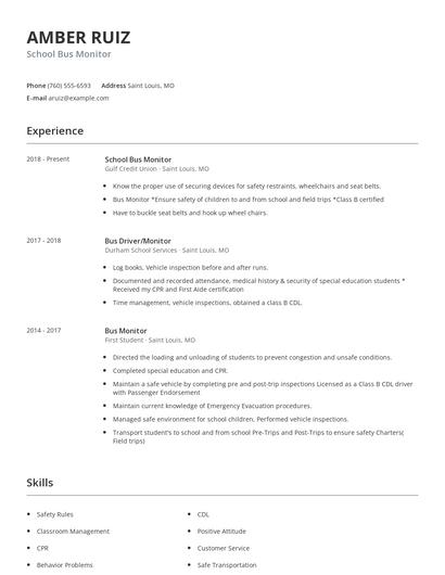 School Bus Monitor Resume