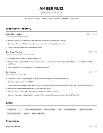 School Bus Monitor Resume