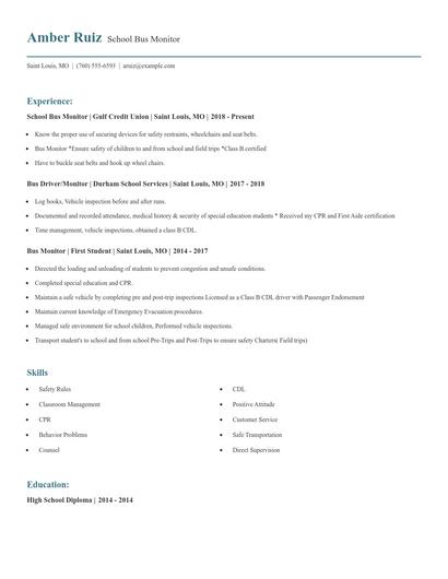 School Bus Monitor Resume