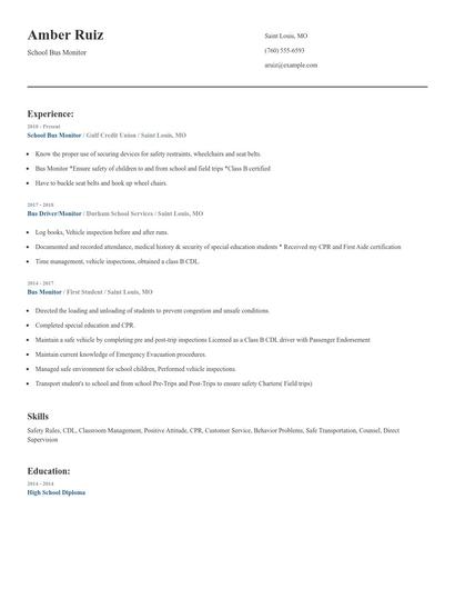 School Bus Monitor Resume