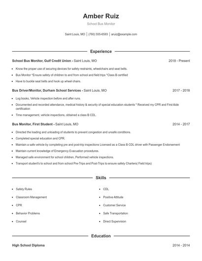 School Bus Monitor Resume