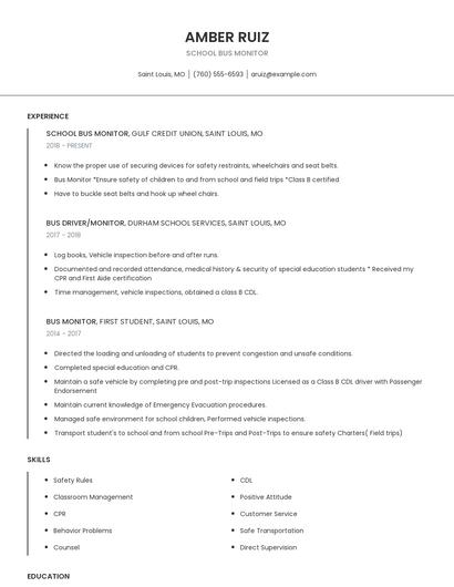 School Bus Monitor Resume