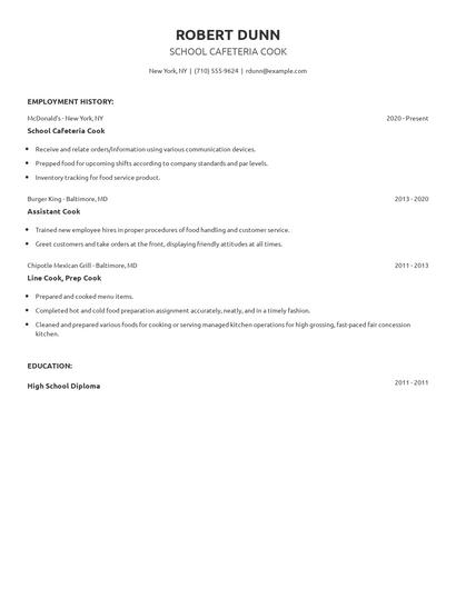 School Cafeteria Cook Resume