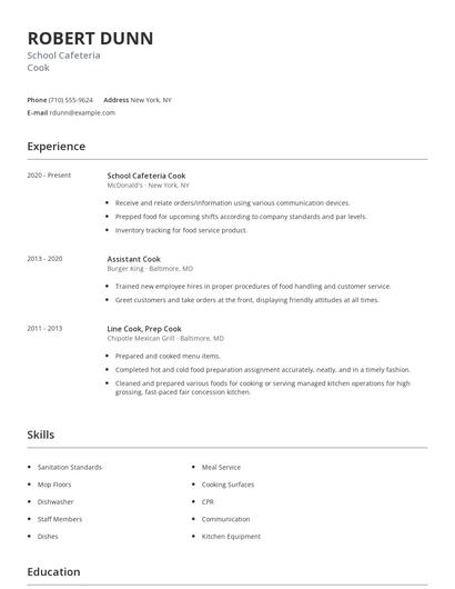 School Cafeteria Cook Resume