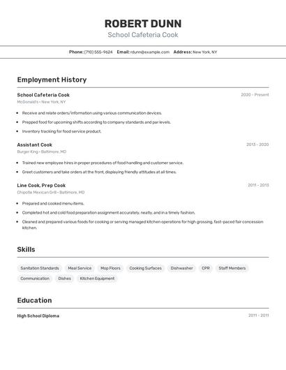 School Cafeteria Cook Resume
