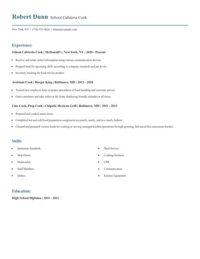 School Cafeteria Cook Resume