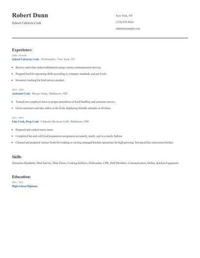 School Cafeteria Cook Resume