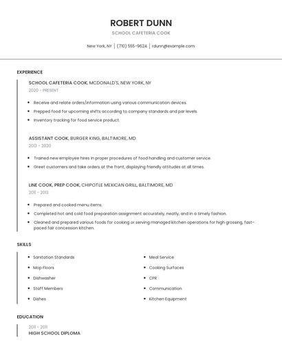 School Cafeteria Cook Resume