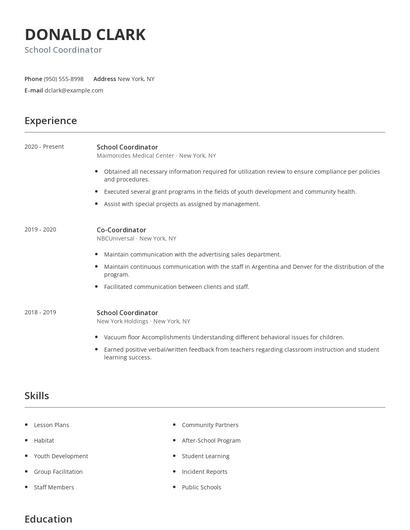 School Coordinator Resume