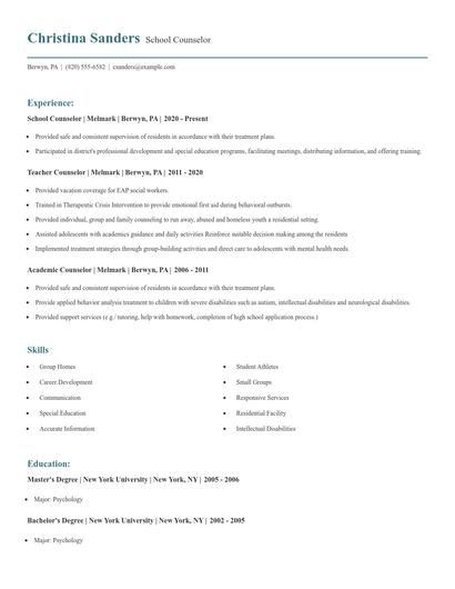 School Counselor Resume
