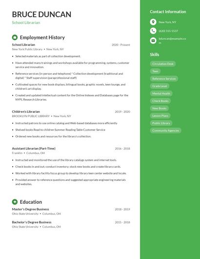 School Librarian Resume