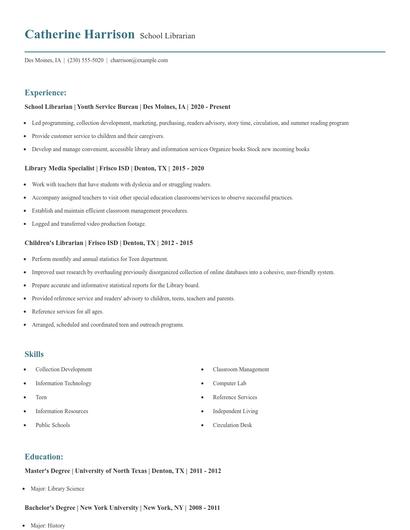 School Librarian Resume