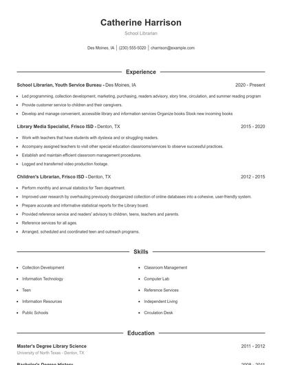School Librarian Resume