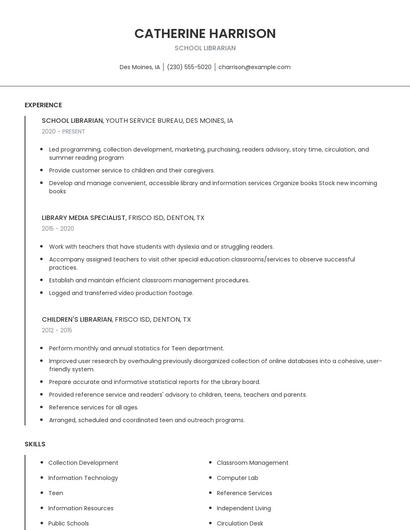 School Librarian Resume