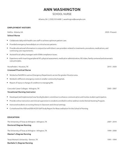 School Nurse Resume