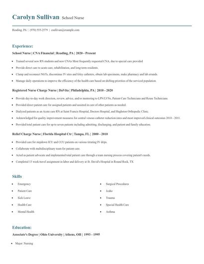 School Nurse Resume