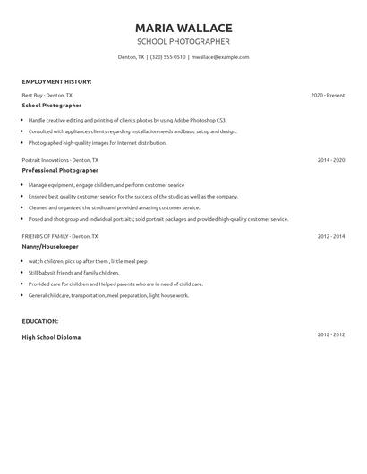 School Photographer Resume