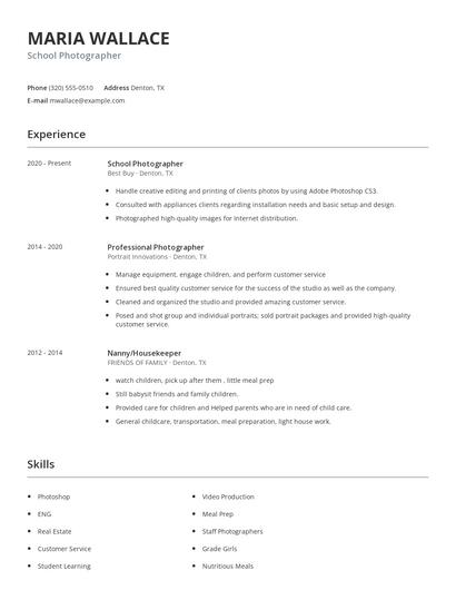 School Photographer Resume