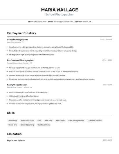 School Photographer Resume