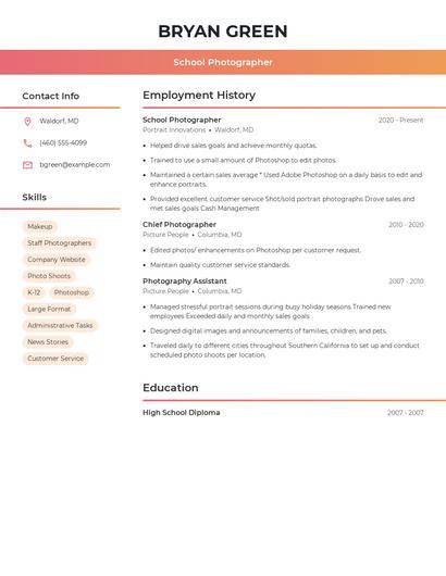 School Photographer Resume