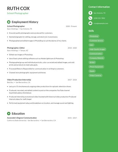 School Photographer Resume