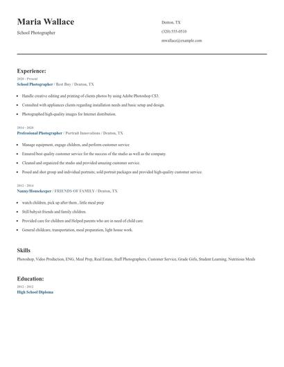 School Photographer Resume