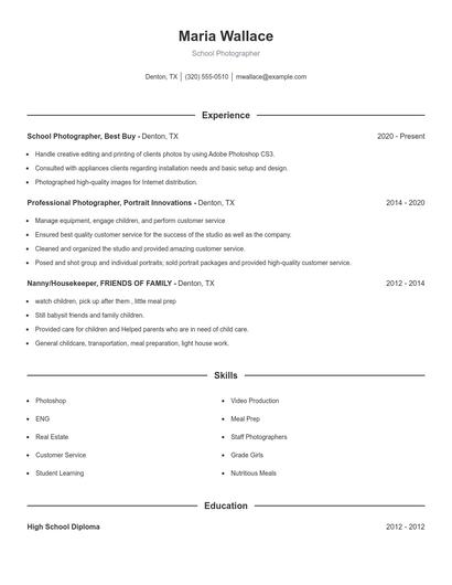 School Photographer Resume