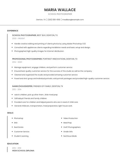 School Photographer Resume