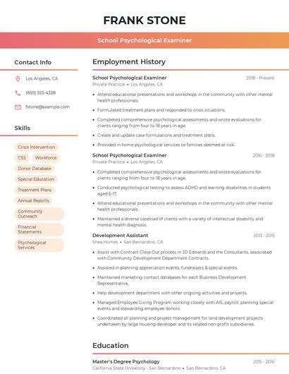 School Psychological Examiner Resume