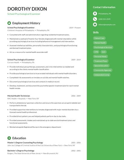 School Psychological Examiner Resume