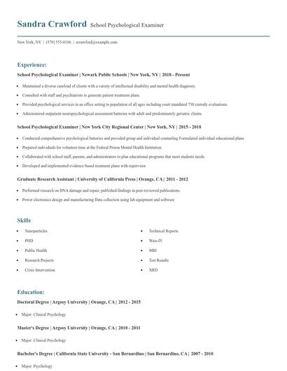 School Psychological Examiner Resume