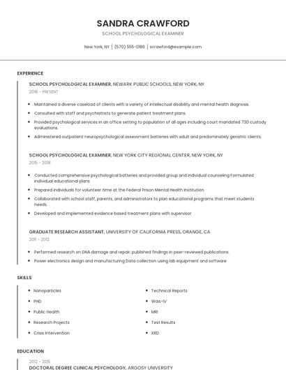 School Psychological Examiner Resume