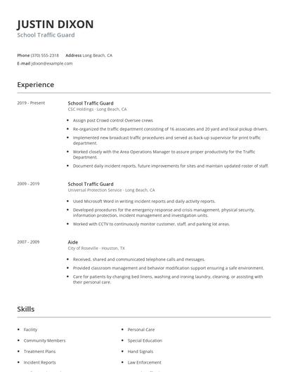 School Traffic Guard Resume
