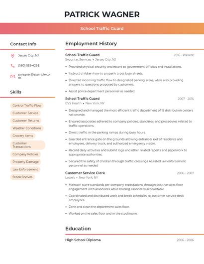School Traffic Guard Resume