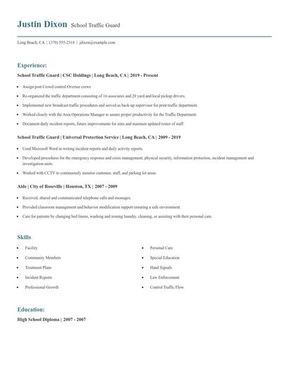 School Traffic Guard Resume