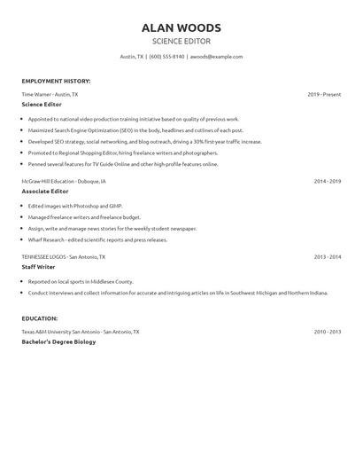 Science Editor Resume