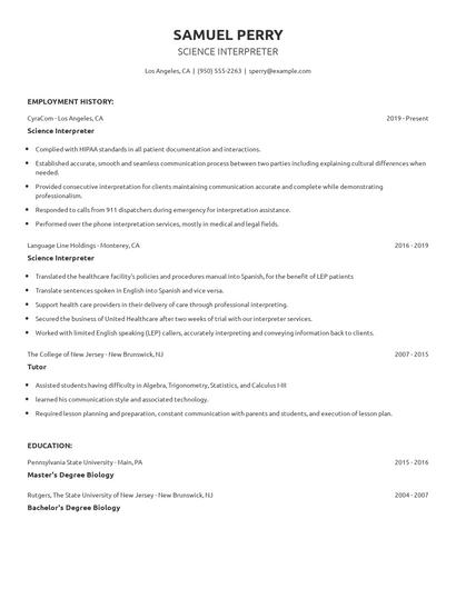 Science Interpreter Resume