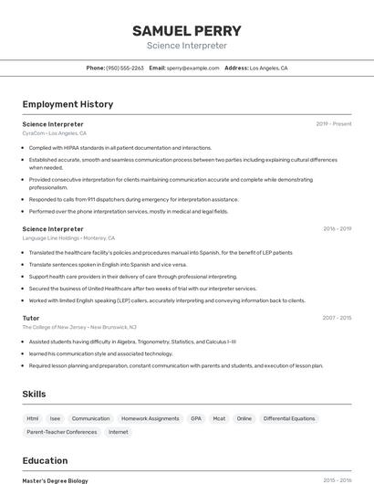 Science Interpreter Resume