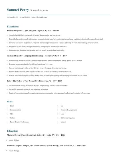 Science Interpreter Resume
