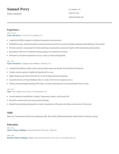 Science Interpreter Resume
