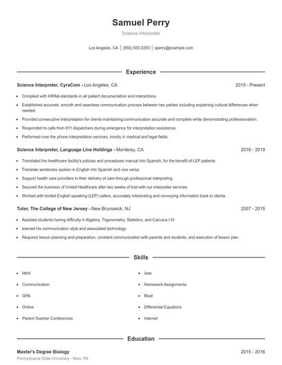 Science Interpreter Resume