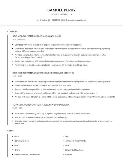 Science Interpreter Resume