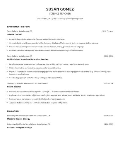 Science Teacher Resume
