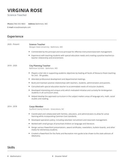 Science Teacher Resume