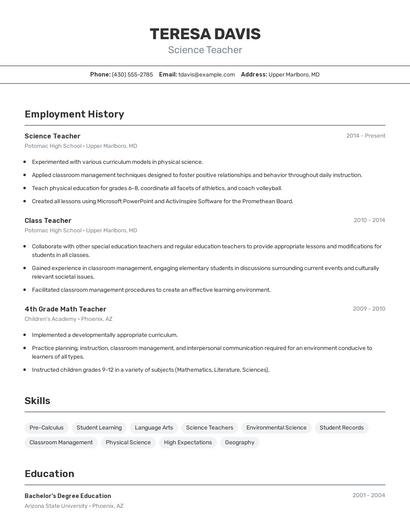 Science Teacher Resume